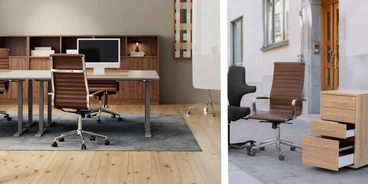 Bruna kontorsstolar och ett modernt skrivbord ger inspiration kontor. En lådhurts står utomhus.