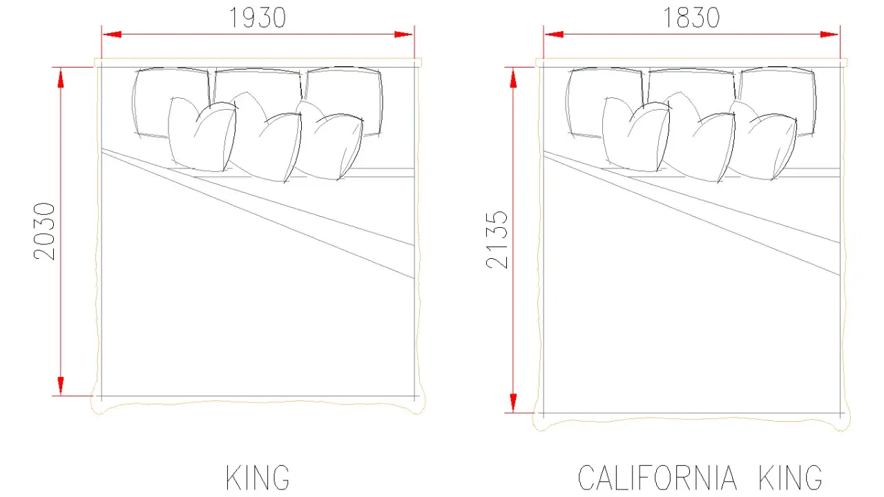 Ritning av en king size säng och en California king size säng med mått.
