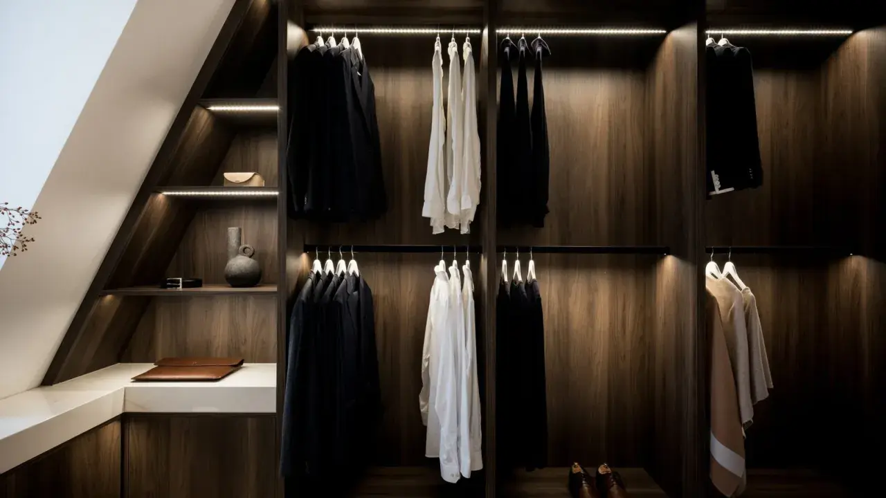 Elegant platsbyggd walk in closet i mörkt trä med stilfull belysning. Hängande kostymer, skjortor och accessoarer.
