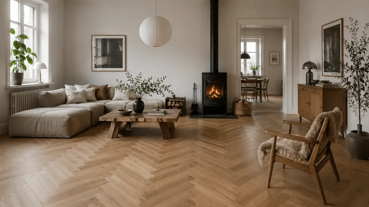 En mysig lounge med en stor soffa, en eldstad och en träbänk. En modern möbel trend som skapar en varm och inbjudande atmosfär.
