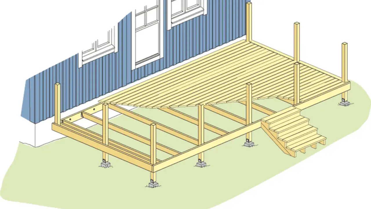 Konstruktion av en altan med synlig stomme och plintar som grund. Trätrall läggs på stommen, och en trappa leder upp.
