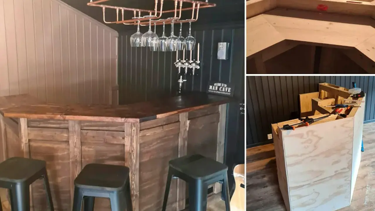 Här byggs en bar med rustik träfinish. Glasställning i koppar hänger ovanför. Tre bilder visar olika steg i bygget.