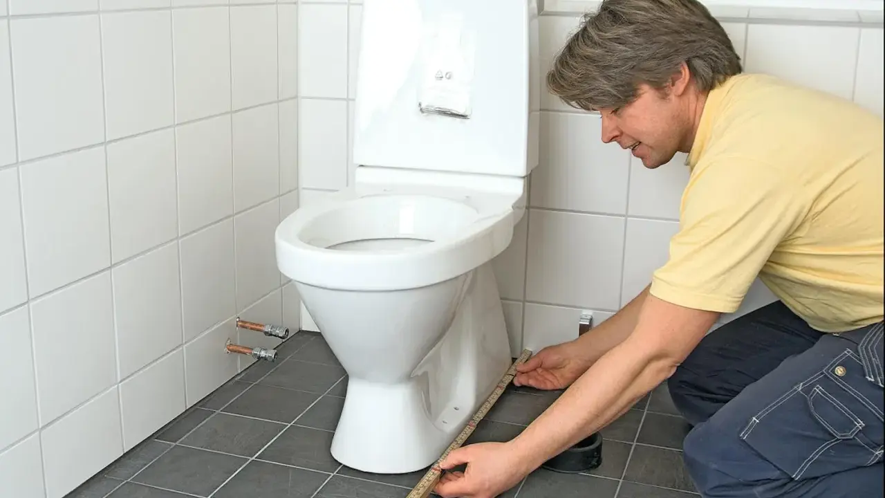 Man mäter för att montera toalettstol.