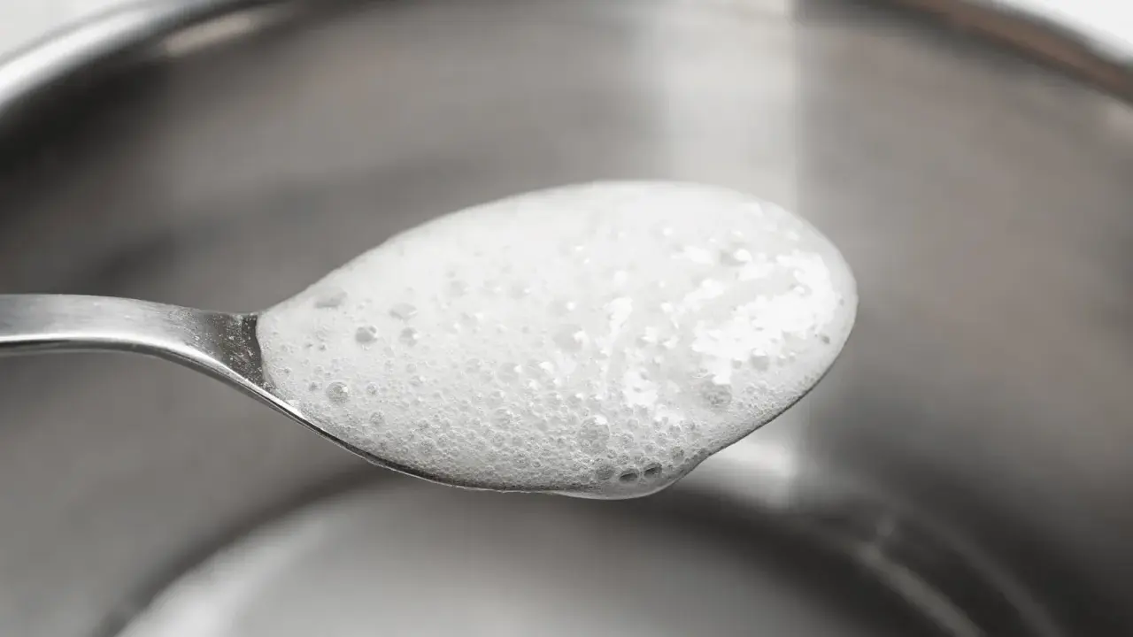 En sked med skummande bikarbonat utan aluminium, redo att användas för rengöring eller bakning.
