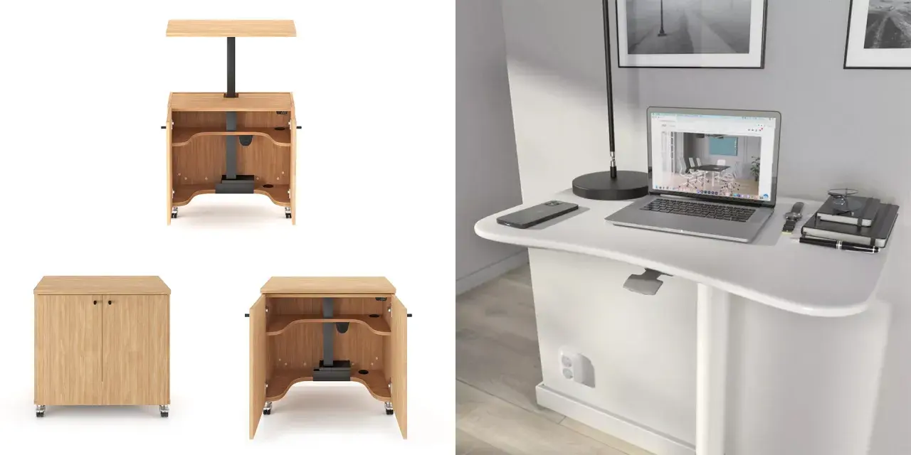 Flexibelt hemmakontor på liten yta med en vit, ergonomisk skrivbordsskiva och en mobil, träfärgad förvaringsenhet.