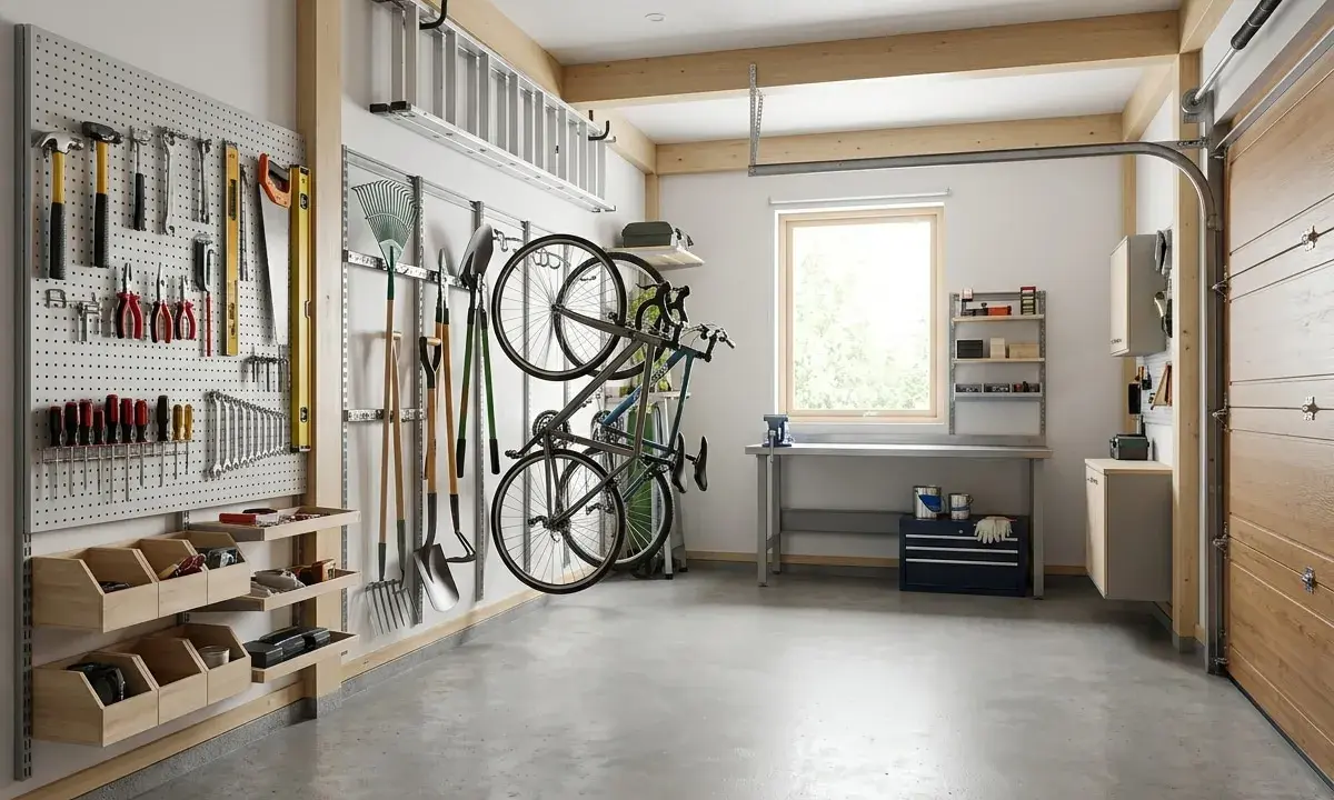 Praktiska garage inredningstips: verktyg på väggar, cyklar upphängda och en arbetsbänk för projekt.