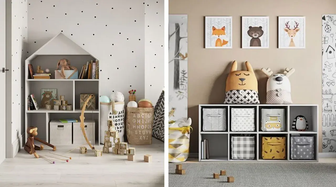 Sött litet barnrum inspiration med lekfulla förvaringslösningar, djurmotiv och prickig tapet.