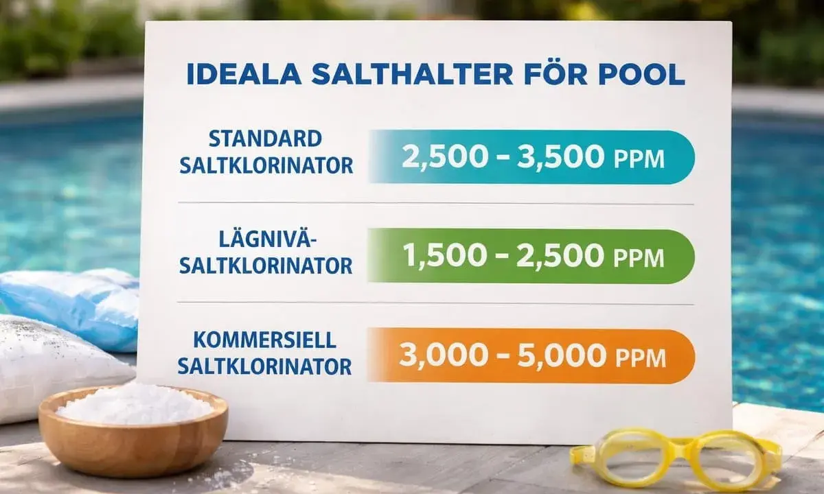 Information om ideala salthalter för pooler. Att ha fel salthalt kan vara en av nackdelarna med saltvattenpool.