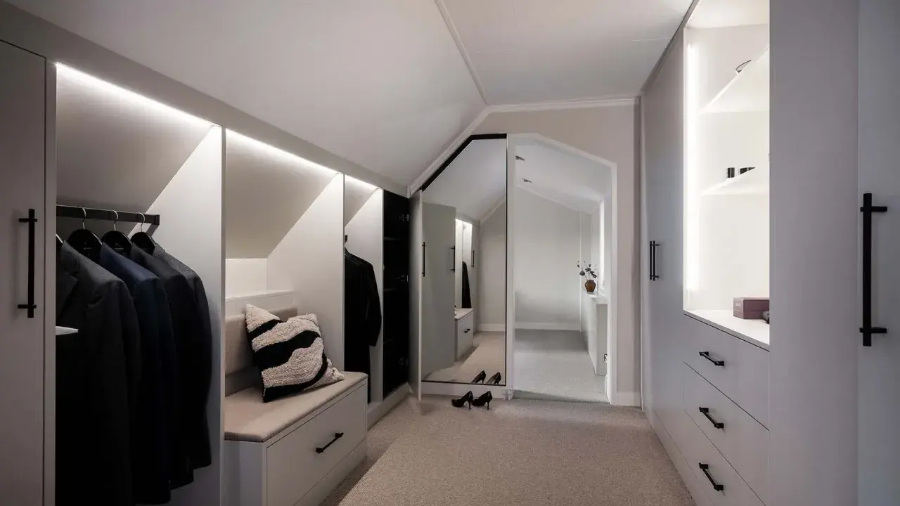 En stilren walk-in-closet med inbyggd sittbänk och garderobslösningar som utnyttjar kattvindens vinklar.