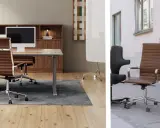 Bruna kontorsstolar och ett modernt skrivbord ger inspiration kontor. En lådhurts står utomhus.
