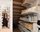 Kvinna i leopardjacka bredvid en vägg med skor och en förvaringslösning för mat under en trappa. Effektivt bygga elfa system för ordning.