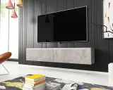 Snygg tv bänk höjd med betongliknande yta, svävande under en stor TV. En modern inredning med stil.