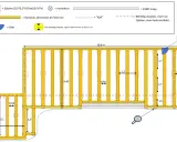 Ritning av altan med mått. Trallens mått och placering visas tydligt, inklusive avstånd till befintlig uteplats.