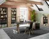 Mysigt arbetsrum med tegelväggar, träbjälkar och takfönster. Perfekt arbetsrum inspiration med skrivbord, bokhyllor och gröna detaljer.