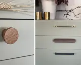 En rund knopp i oljad ek på en ljusgrön byrå. Bredvid syns lådhandtag i mässing, trä och svart.