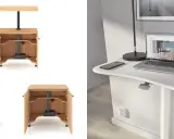 Flexibelt hemmakontor på liten yta med en vit, ergonomisk skrivbordsskiva och en mobil, träfärgad förvaringsenhet.