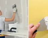 En kvinna bredspacklar en vägg. En annan bild visar en hand som bredspacklar en gul vägg.