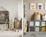 Sött litet barnrum inspiration med lekfulla förvaringslösningar, djurmotiv och prickig tapet.
