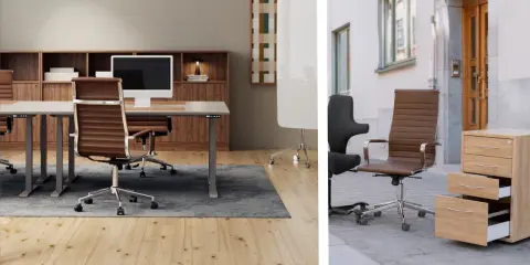 Bruna kontorsstolar och ett modernt skrivbord ger inspiration kontor. En lådhurts står utomhus.