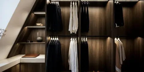Elegant platsbyggd walk in closet i mörkt trä med stilfull belysning. Hängande kostymer, skjortor och accessoarer.
