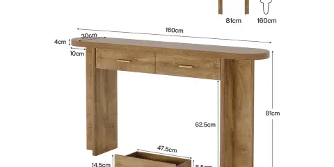 Ett elegant konsolbord med lådor i träimitation. Perfekt för hallen eller som avlastningsbord. Måttangivelser finns för enkel planering.