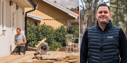 Man fixar altan med skruvdragare. Bredvid syns en man i väst med texten "Dryft".