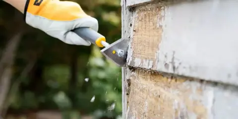 En hand med gul handske använder en skrapa för att skrapa fasad. Målfärgen flagnar bort från träet.