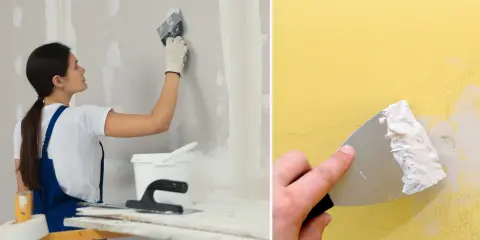 En kvinna med blå hängselkläder rollar spackel på en vägg. En hand med spackelspade applicerar spackel på en gul vägg.