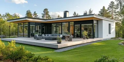Modernt hus med stora fönster och en rymlig altan. Det platta taket ger huset en stilren och minimalistisk känsla.