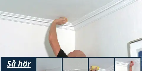 Man lagar sprickor i taket med spackel och sandpapper. Bilden visar hur man gör.
