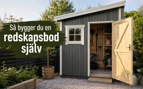 En mörkredskapsbod med öppen dörr, fönster och trädgårdsredskap inuti. Texten "Så bygger du en redskapsbod själv" syns tydligt.