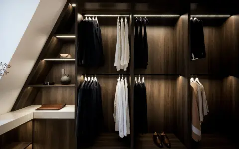 Elegant platsbyggd walk in closet i mörkt trä med stilfull belysning. Hängande kostymer, skjortor och accessoarer.