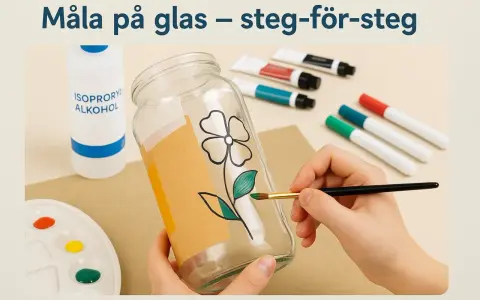 En hand målar ett blommönster på ett glas med en pensel. Färger och alkohol på bordet.