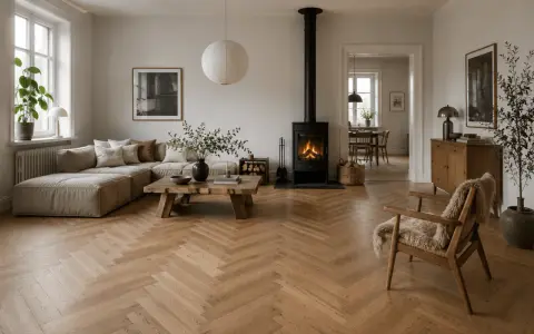 En mysig lounge med en stor soffa, en eldstad och en träbänk. En modern möbel trend som skapar en varm och inbjudande atmosfär.