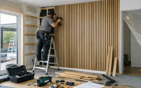 Man monterar en kapa akustikpanel på väggen med en omladdningspistol. Verktyg och material ligger utspridda på golvet.