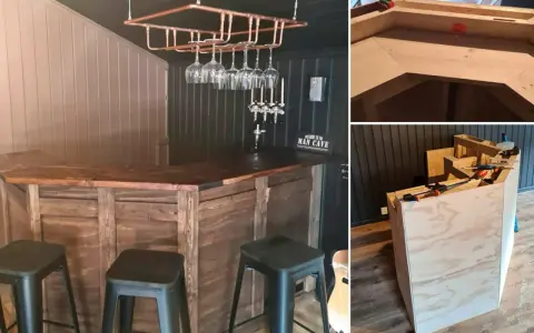 Här byggs en bar med rustik träfinish. Glasställning i koppar hänger ovanför. Tre bilder visar olika steg i bygget.