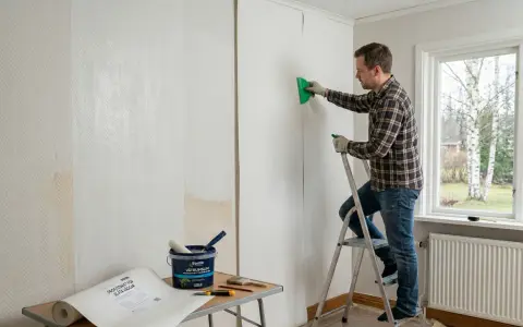 Man på en stege tapetserar en vägg med en grön spatel. Verktyg och tapetrulle syns på ett bord.