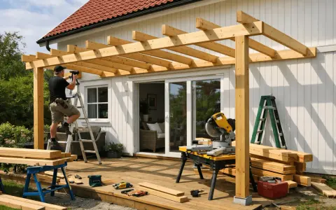 Man bygger en pergola på altanen. Trämaterial, såg och verktyg ligger redo.