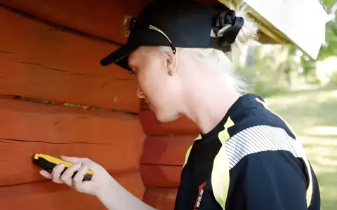 Kvinna med keps mäter luftfuktighet i en röd timmervägg med en fuktmätare.