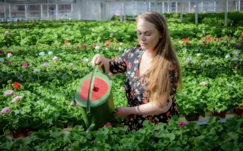 Kvinna vattnar blommor i växthus. Hur ofta ska man ge guldvatten?