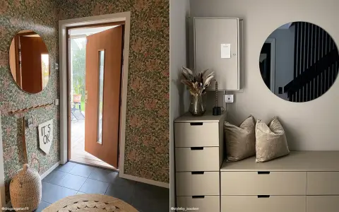 Hall spegel inspiration: en rund spegel i en hall med blommig tapet och en annan hall med en rund spegel över en byrå.