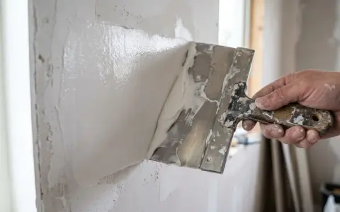 A hand uses a trowel to apply white spackle to a textured wall.