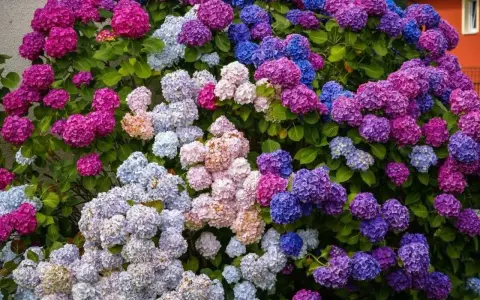 En frodig hortensia med blommor i nyanser av rosa, lila och blått. Denna hortensia trivs i väldränerad jord.