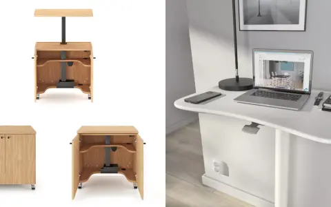 Flexibelt hemmakontor på liten yta med en vit, ergonomisk skrivbordsskiva och en mobil, träfärgad förvaringsenhet.