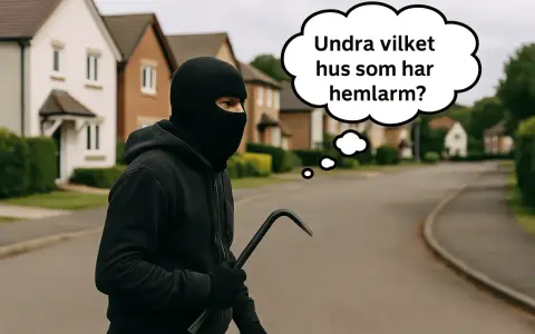 En maskerad person med ett kofot funderar på inbrott statistik och vilket hus som har hemlarm.