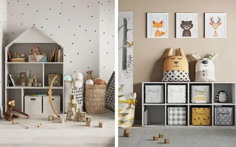 Sött litet barnrum inspiration med lekfulla förvaringslösningar, djurmotiv och prickig tapet.