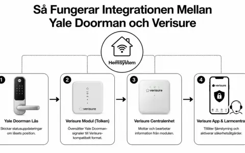 Diagram visar hur Yale Doorman integreras med Verisure. Yale Doorman skickar signaler via en modul och centralenhet till Verisure App för fjärrstyrning.