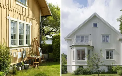 Gula och vita hus, redo att måla hus. Trädgårdsmöbler och tvättlinor vid det gula huset.