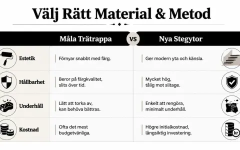 Jämförelse av att måla trappa mot nya stegytor. Fördelar och nackdelar gällande estetik, hållbarhet, underhåll och kostnad.