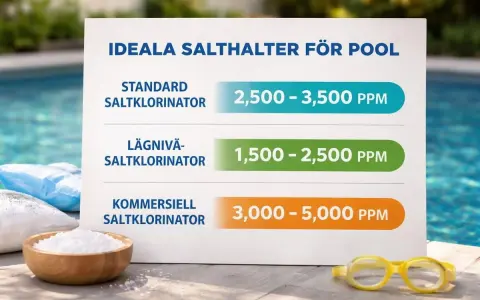 Information om ideala salthalter för pooler. Att ha fel salthalt kan vara en av nackdelarna med saltvattenpool.